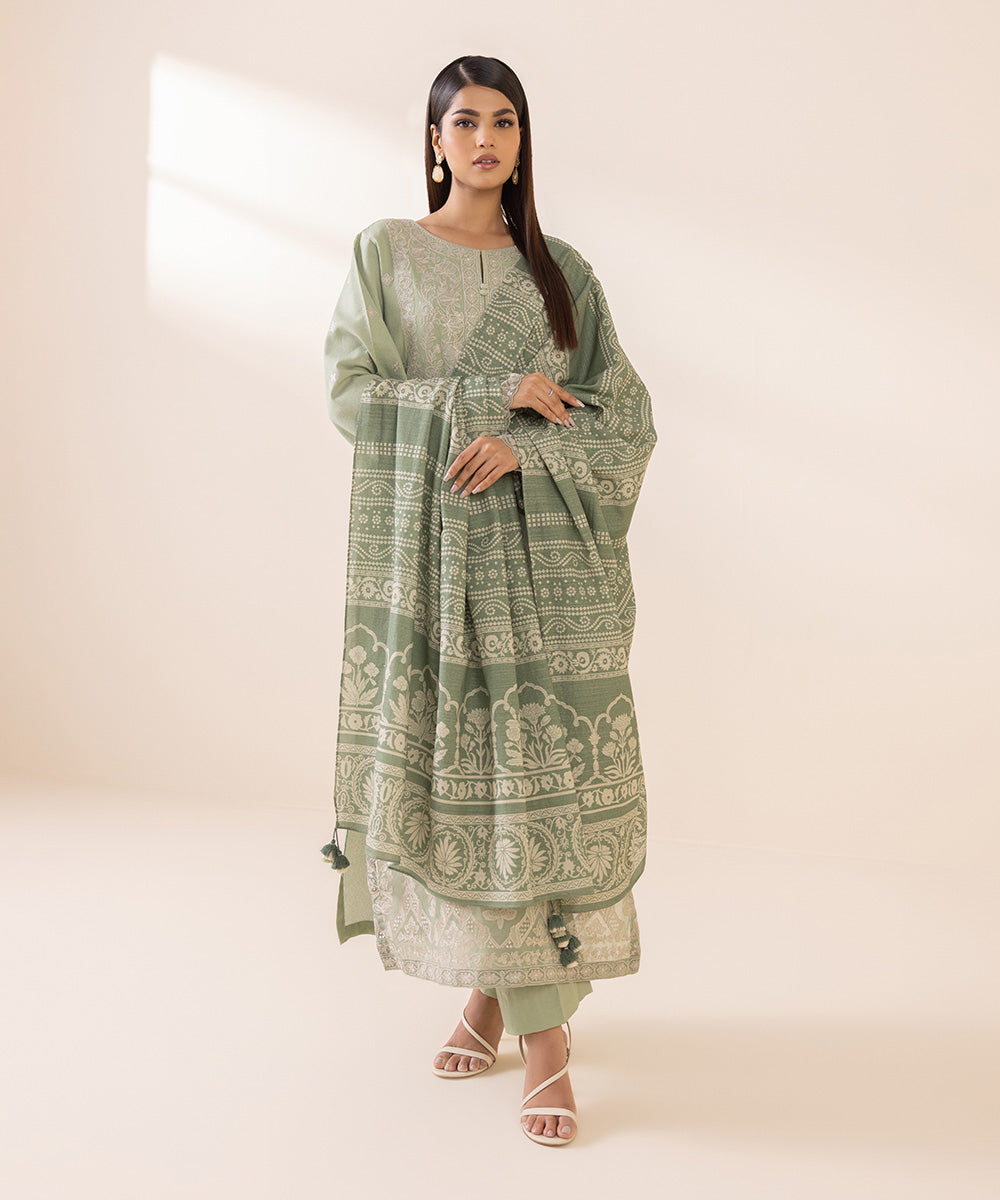 Women's Unstitched Cotton Karandi Green Embroidered 3 Piece Suit