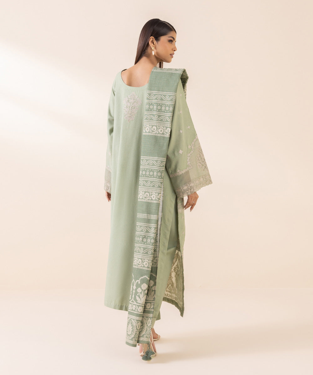 Women's Unstitched Cotton Karandi Green Embroidered 3 Piece Suit