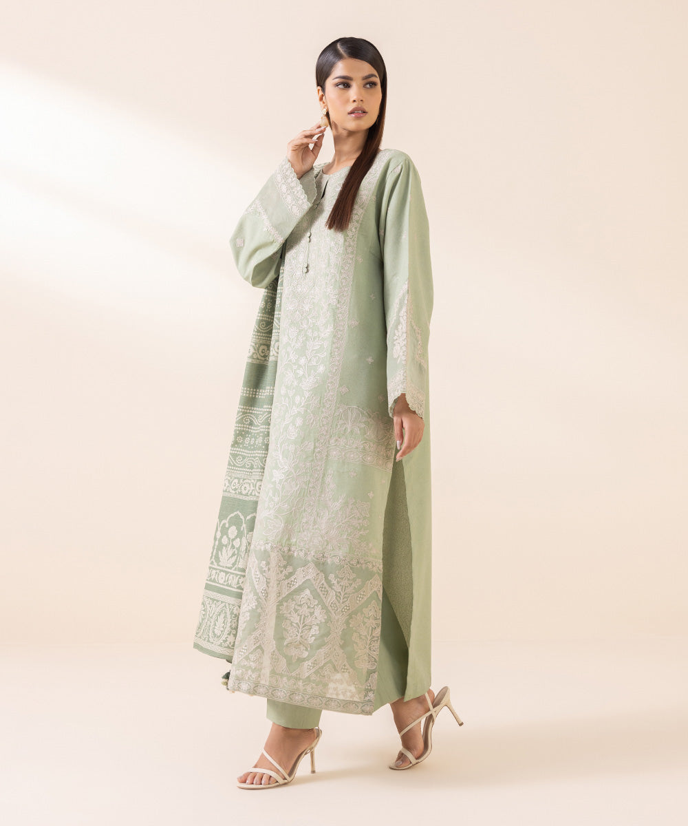 Women's Unstitched Cotton Karandi Green Embroidered 3 Piece Suit