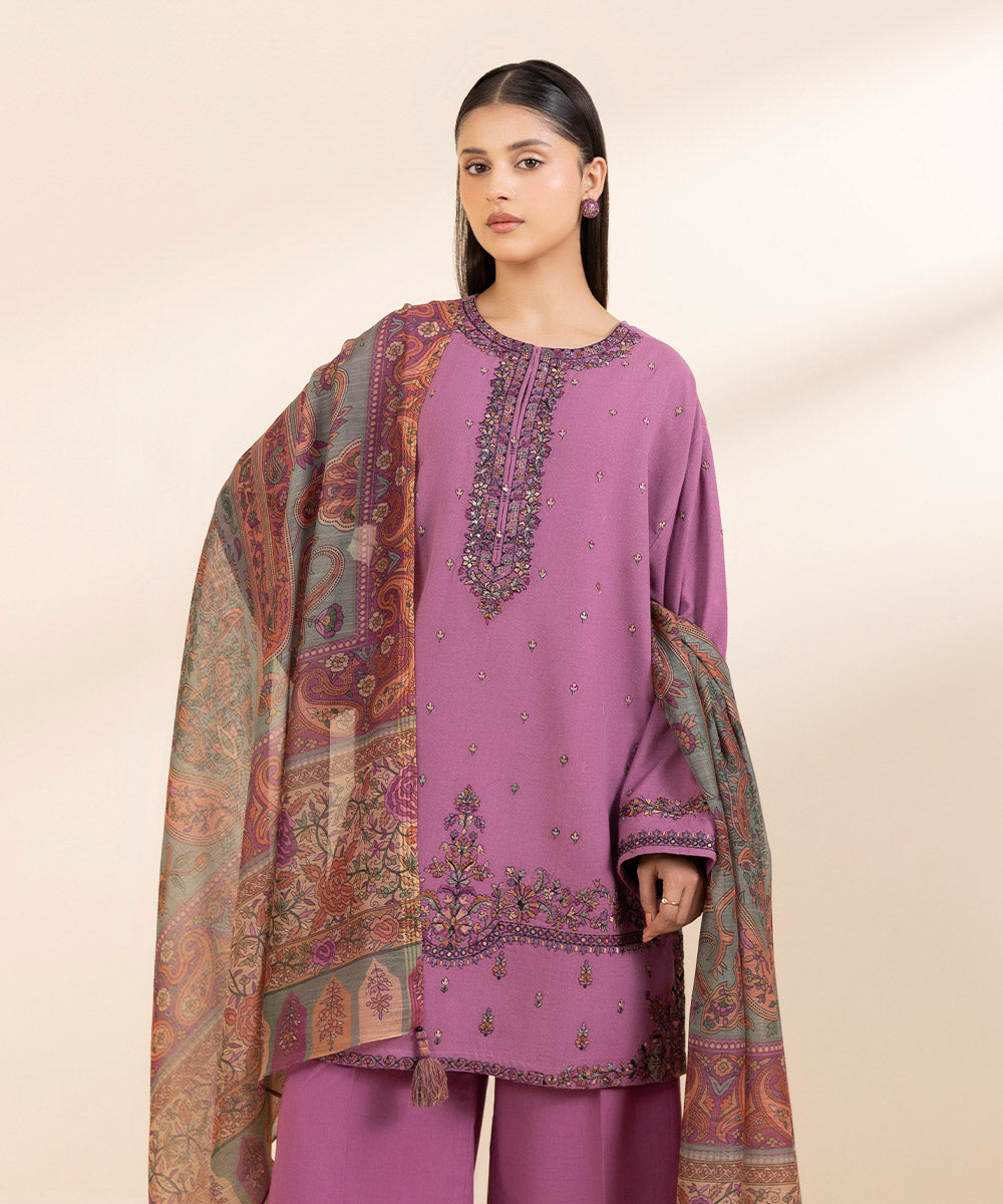 Women's Unstitched Cotton Karandi Embroidered Purple 3 Piece Suit