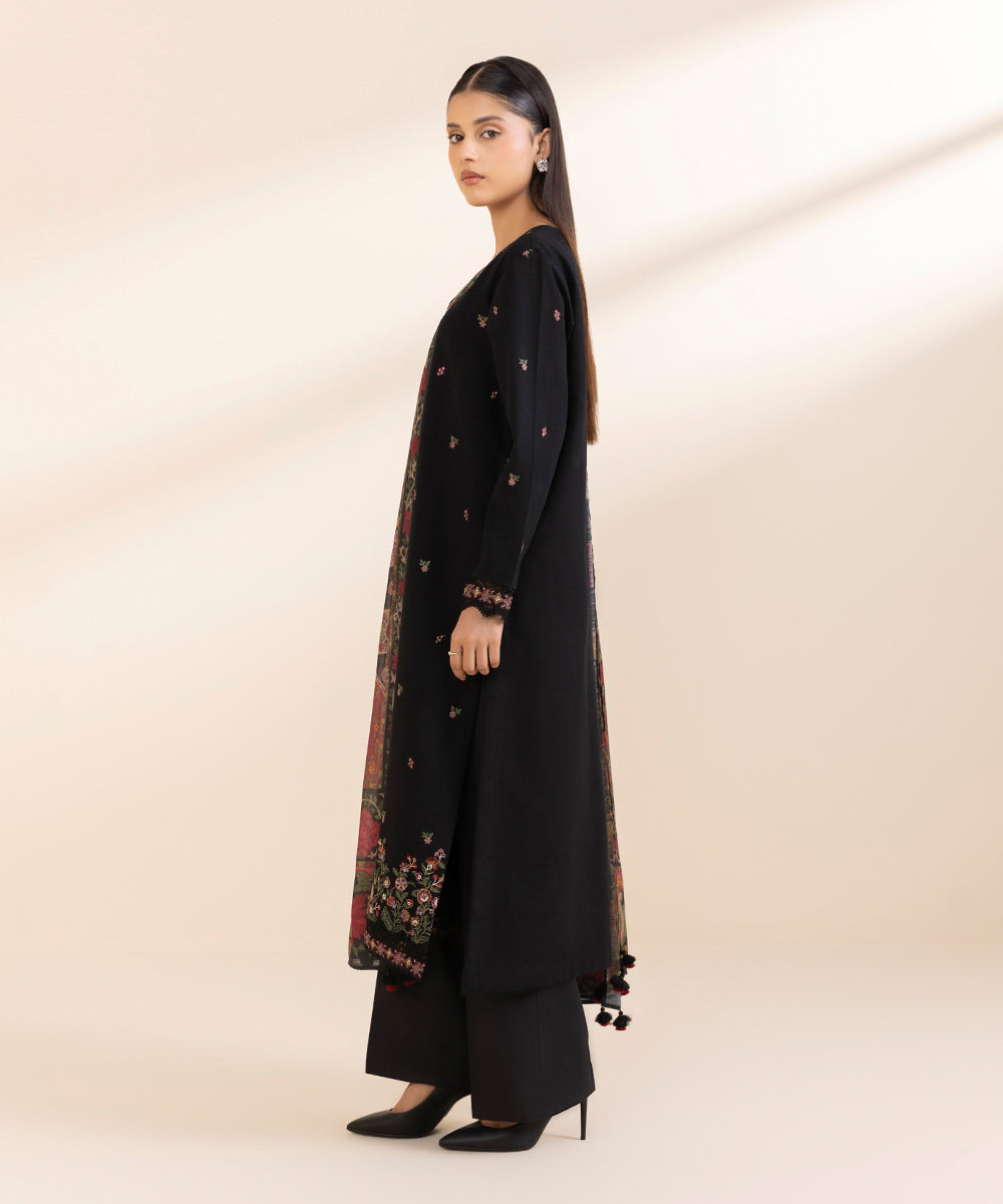 Women's Unstitched Cotton Karandi Embroidered Black 3 Piece Suit