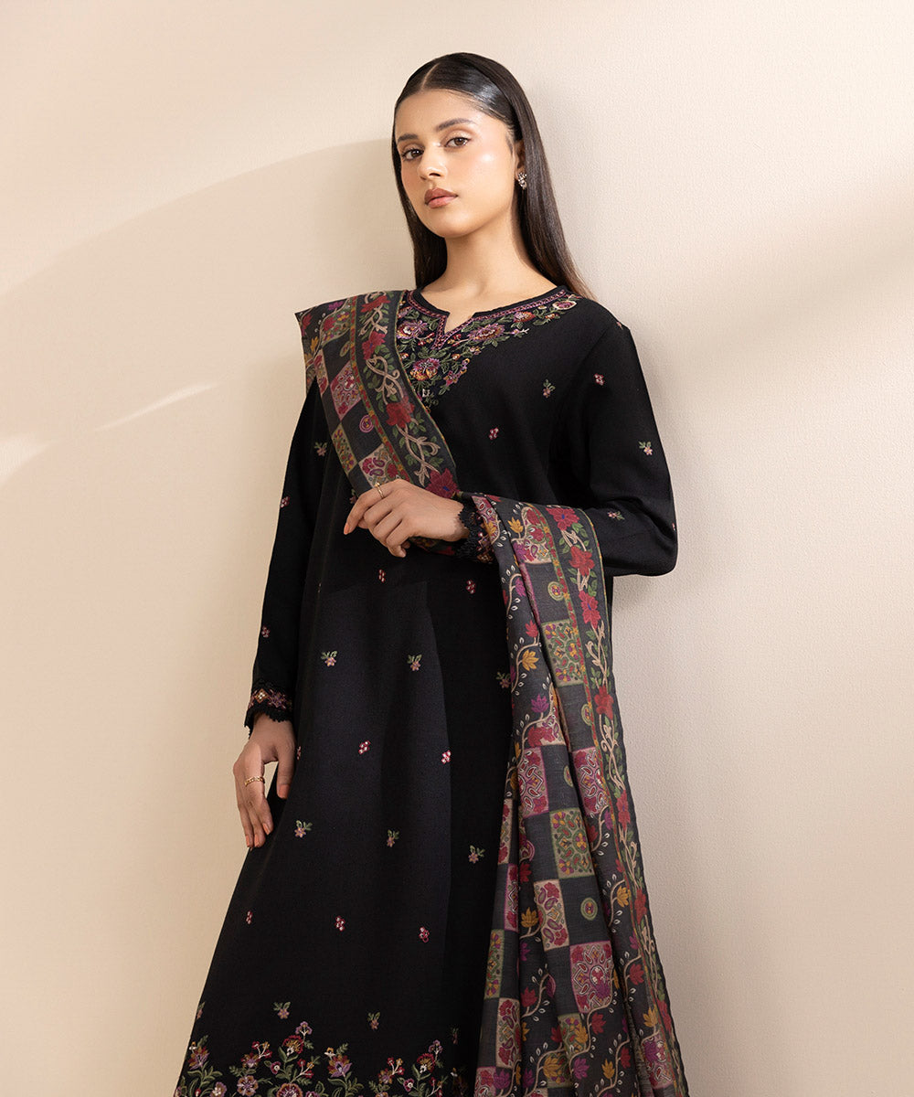 Women's Unstitched Cotton Karandi Embroidered Black 3 Piece Suit