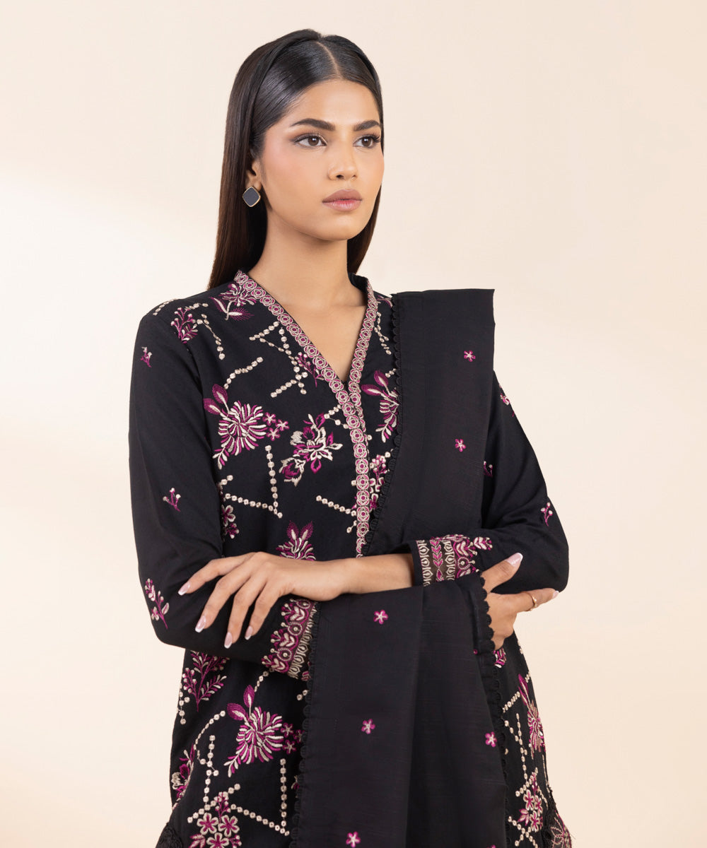 Women's Unstitched Cotton Karandi Embroidered Black 3 Piece Suit