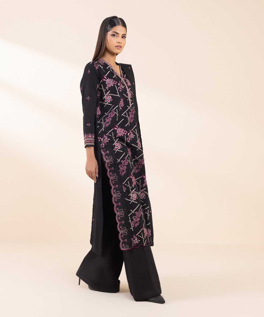 Women's Unstitched Cotton Karandi Embroidered Black 3 Piece Suit