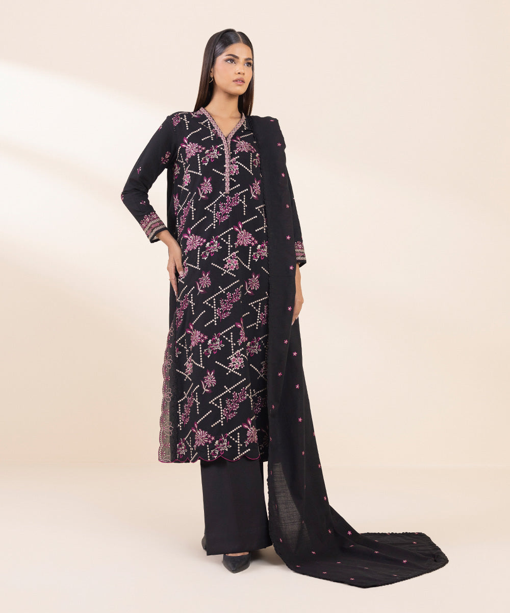 Women's Unstitched Cotton Karandi Embroidered Black 3 Piece Suit