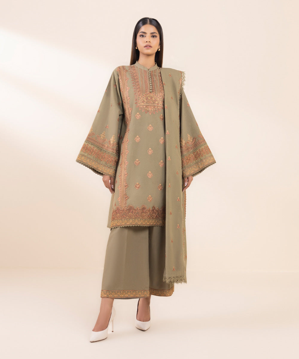 Women's Unstitched Cotton Karandi Embroidered Grey 3 Piece Suit