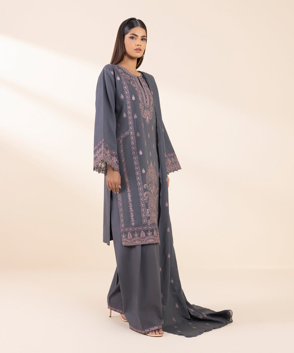 Women's Unstitched Cotton Karandi Embroidered Grey 3 Piece Suit