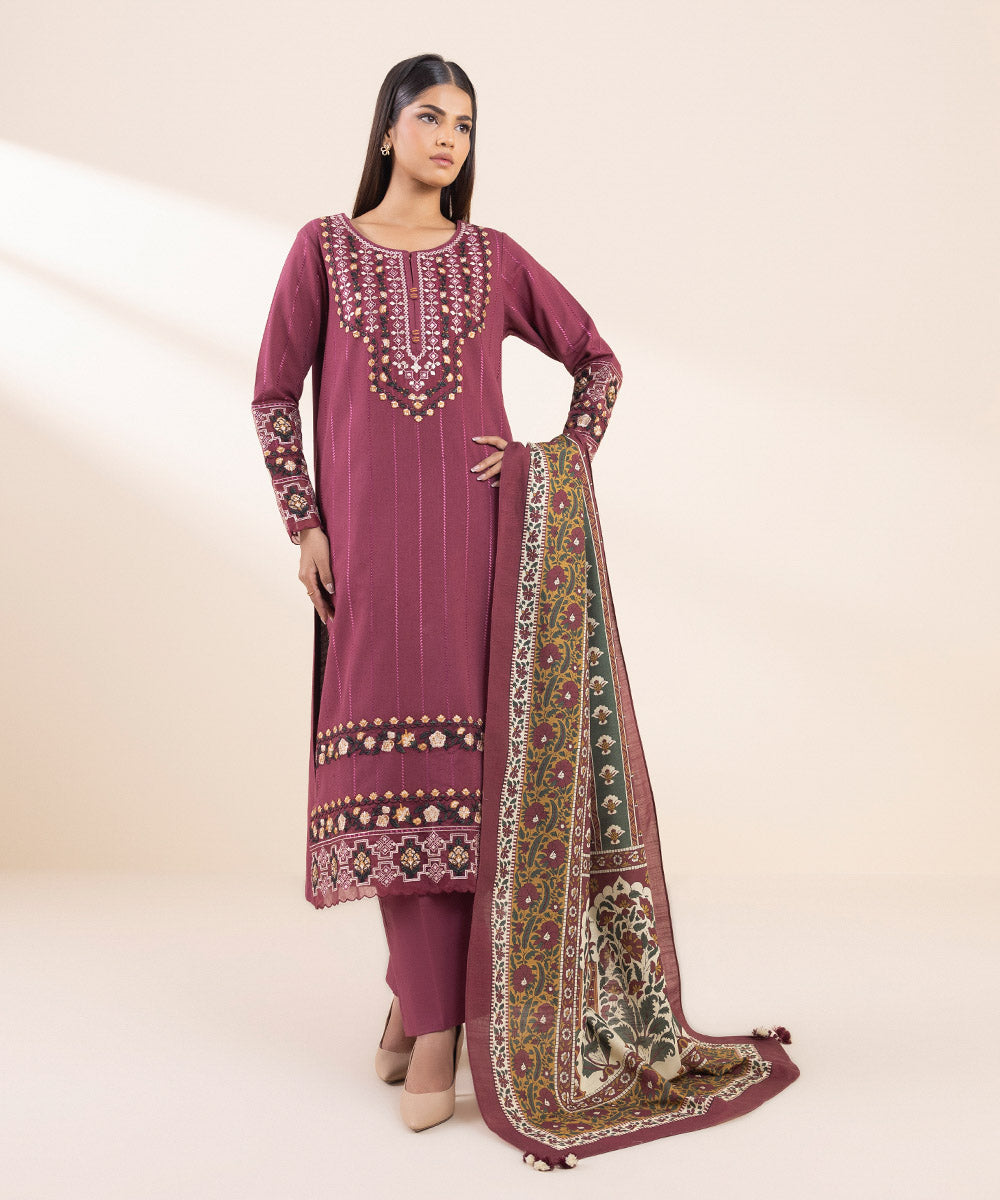 Women's Unstitched Cotton Karandi Embroidered Pink 3 Piece Suit