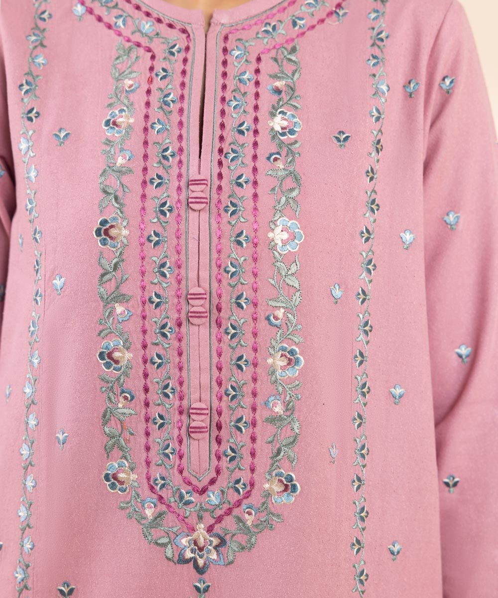 Women's Unstitched Cotton Karandi Embroidered Pink 3 Piece Suit