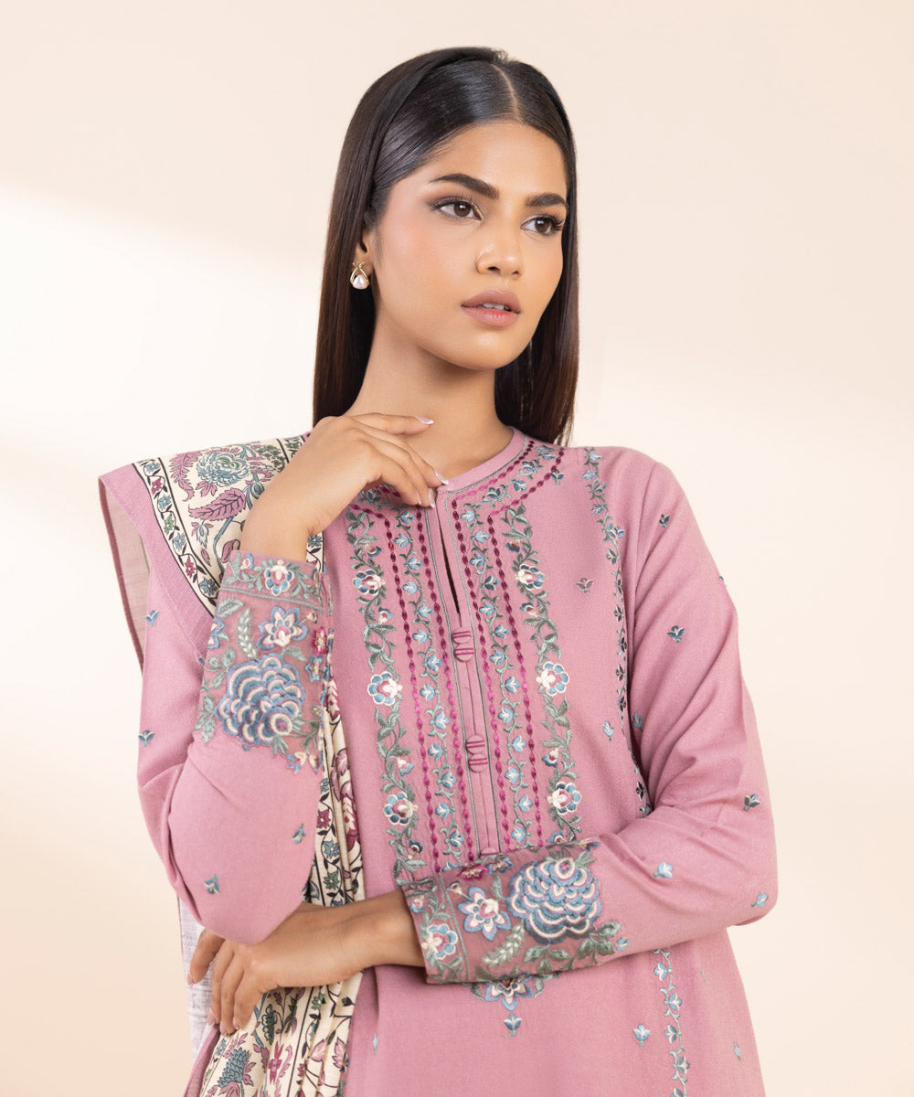 Women's Unstitched Cotton Karandi Embroidered Pink 3 Piece Suit