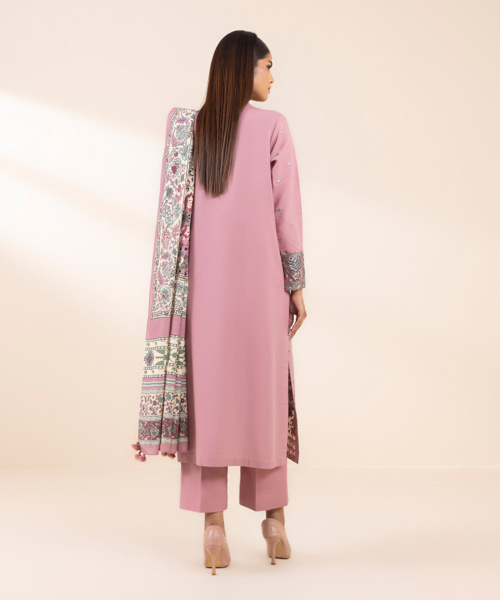 Women's Unstitched Cotton Karandi Embroidered Pink 3 Piece Suit