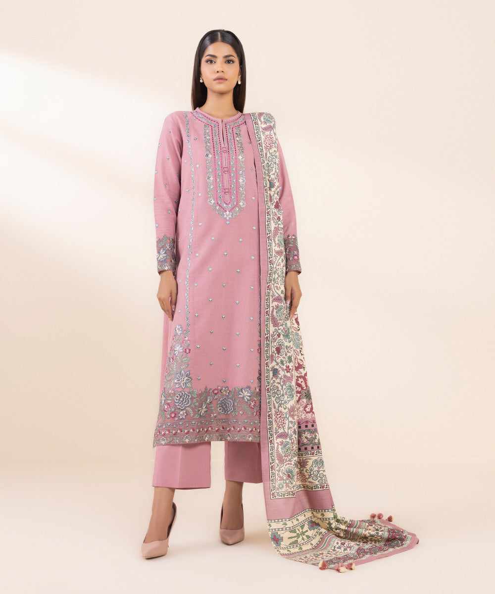 Women's Unstitched Cotton Karandi Embroidered Pink 3 Piece Suit