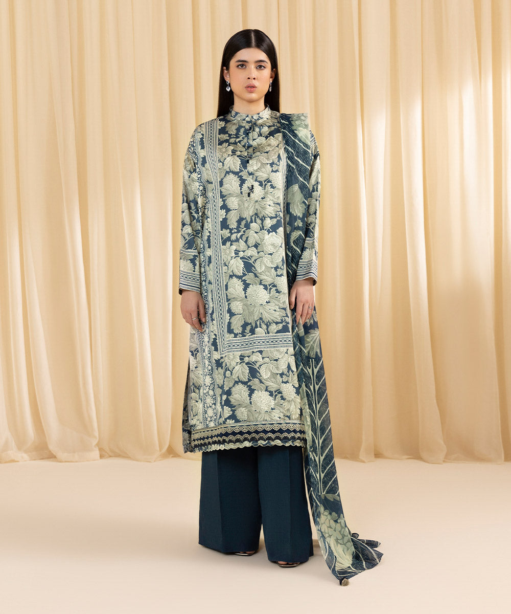 Women's Unstitched Printed Blended Satin Blue 3 Piece Suit