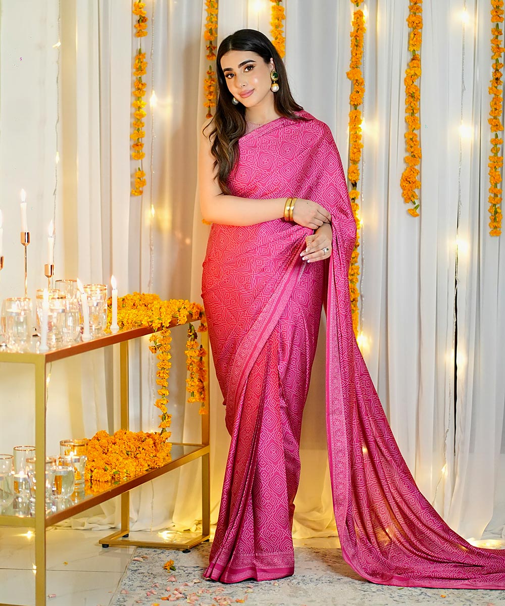 Women's Unstitched Embroidered Blended Satin Pink Saree