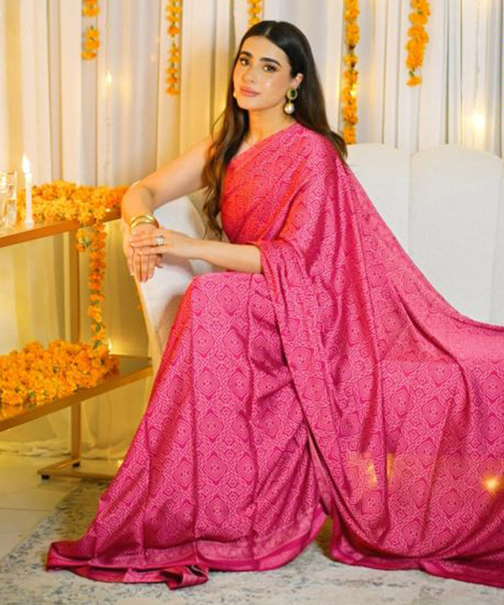 Women's Unstitched Embroidered Blended Satin Pink Saree