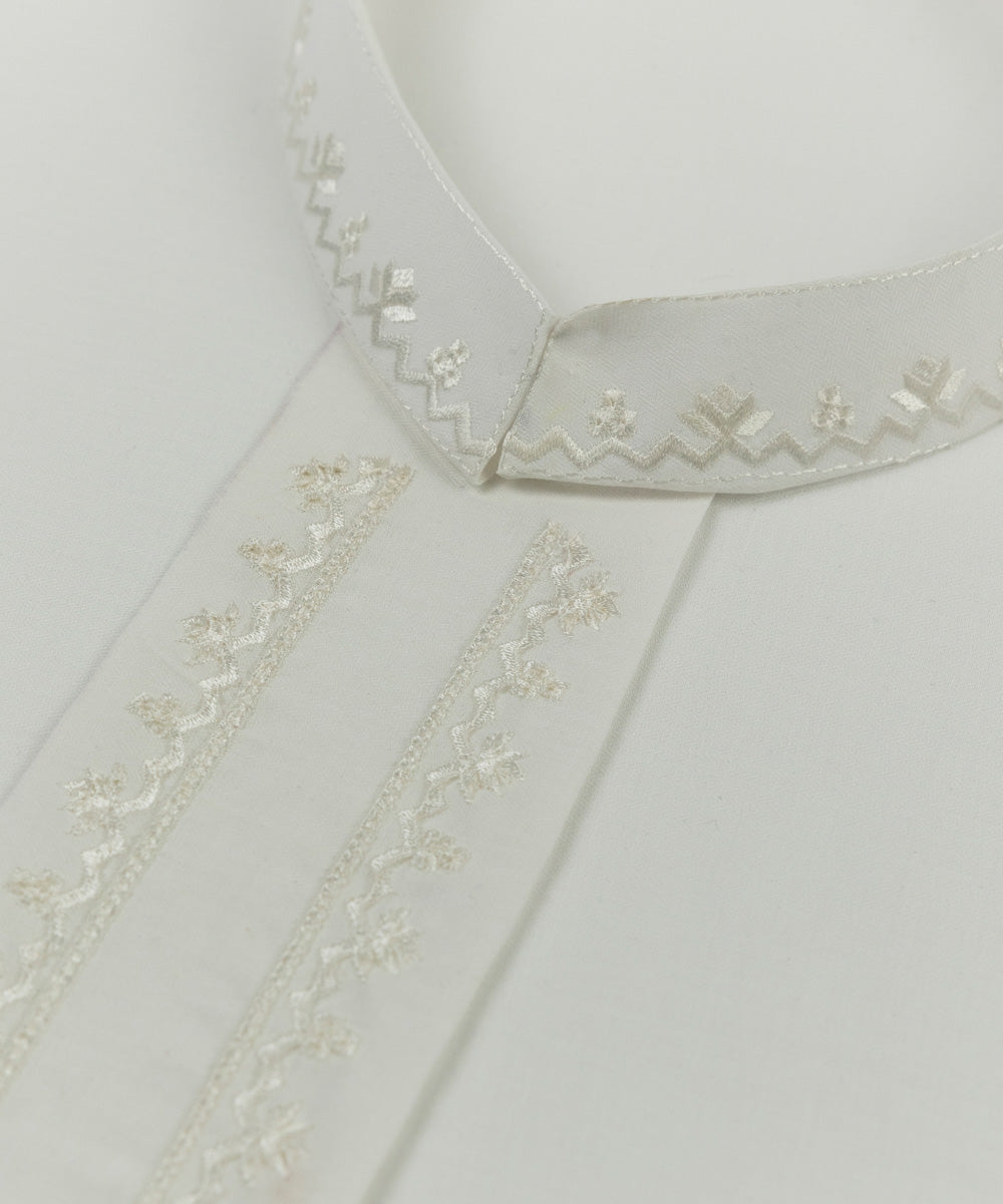 Men's Unstitched Cotton Embroidered White Full Suit