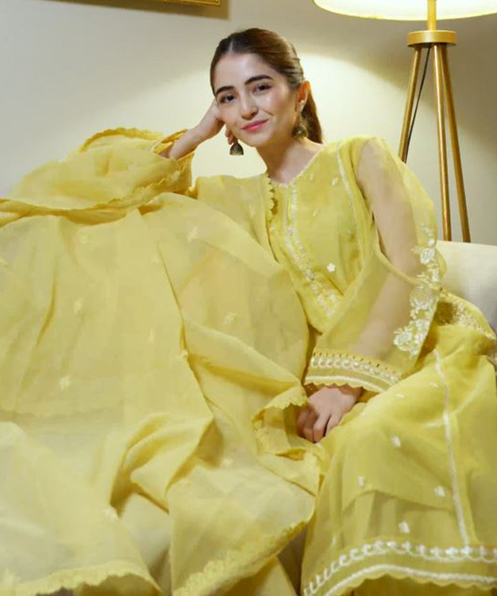 Women's Pret Blended Organza Dyed Yellow 3 Piece Suit