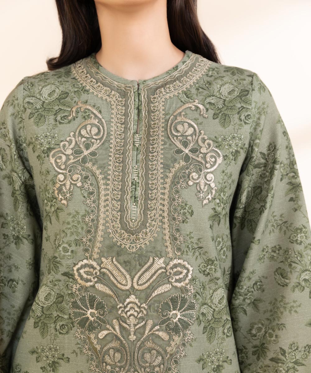 Women's Unstitched Cambric Embroidered Green 2 Piece Suit