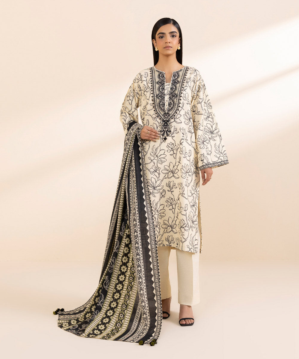 Women's Unstitched Cambric Embroidered Off White 2 Piece Suit