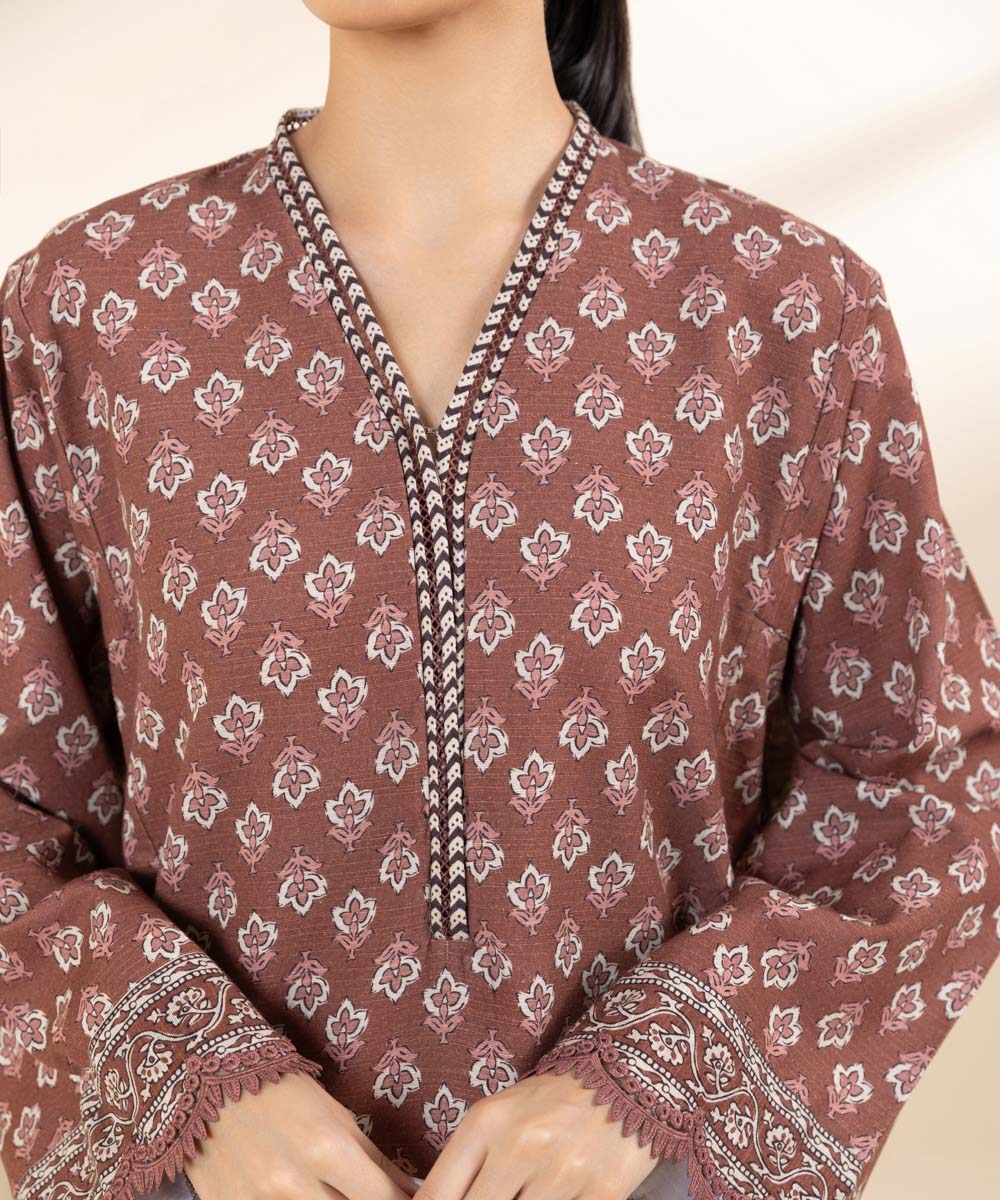 Women's Unstitched Light Khaddar Beige Printed 2 Piece Suit 