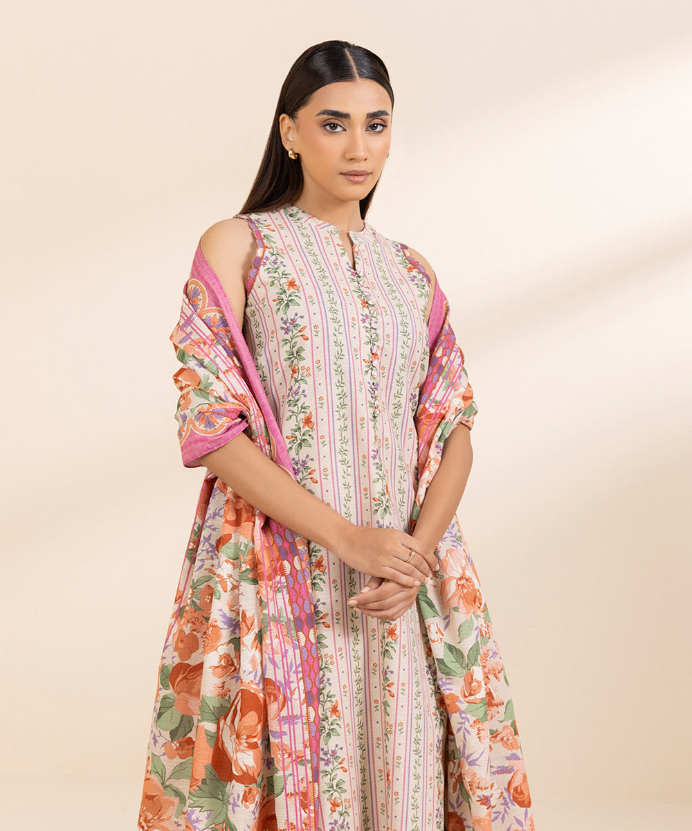 Women's Unstitched Ivory Light Khaddar Shirt and Dupatta