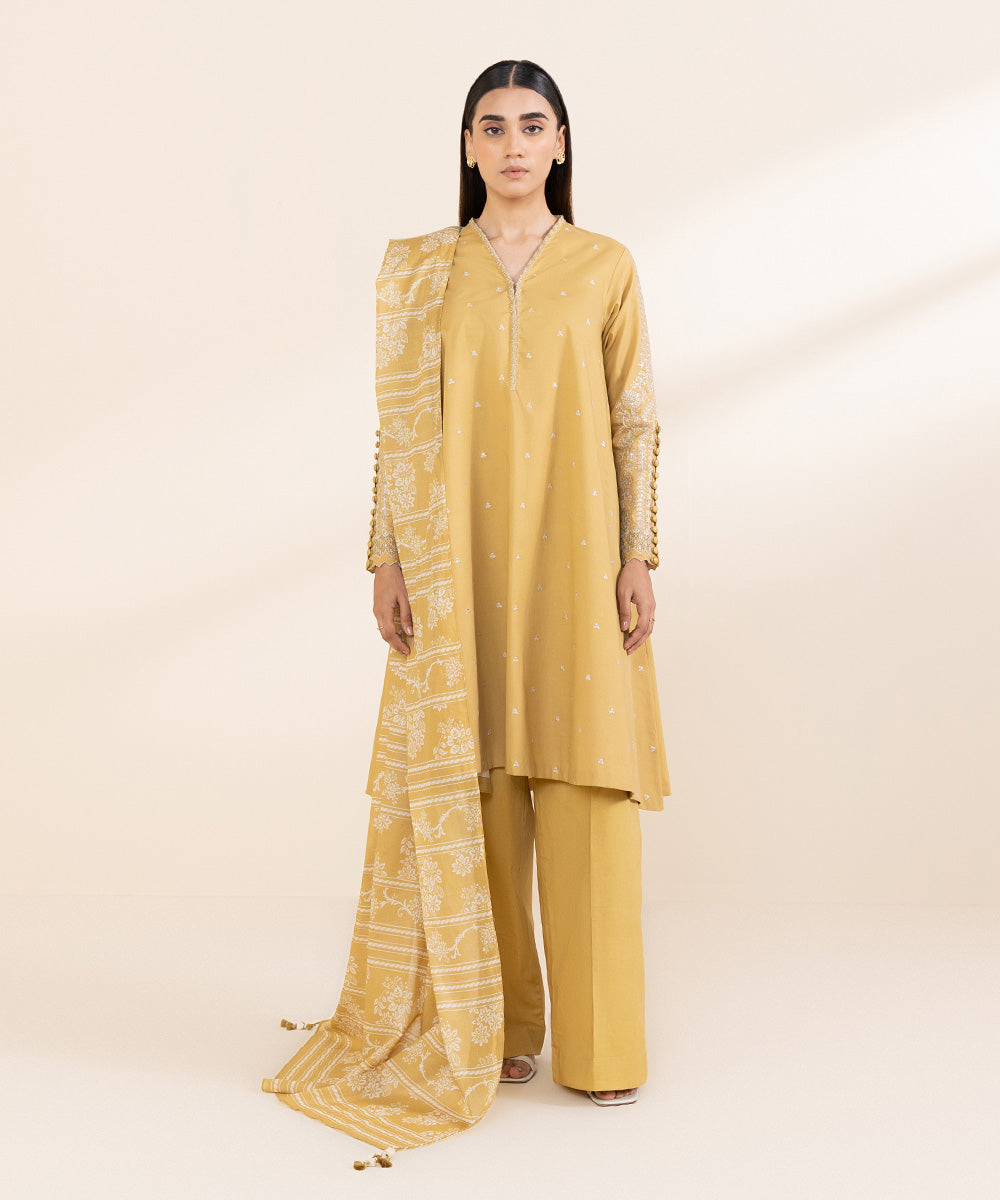 Women's Unstitched Lawn Yellow Embroidered 2 Piece Suit