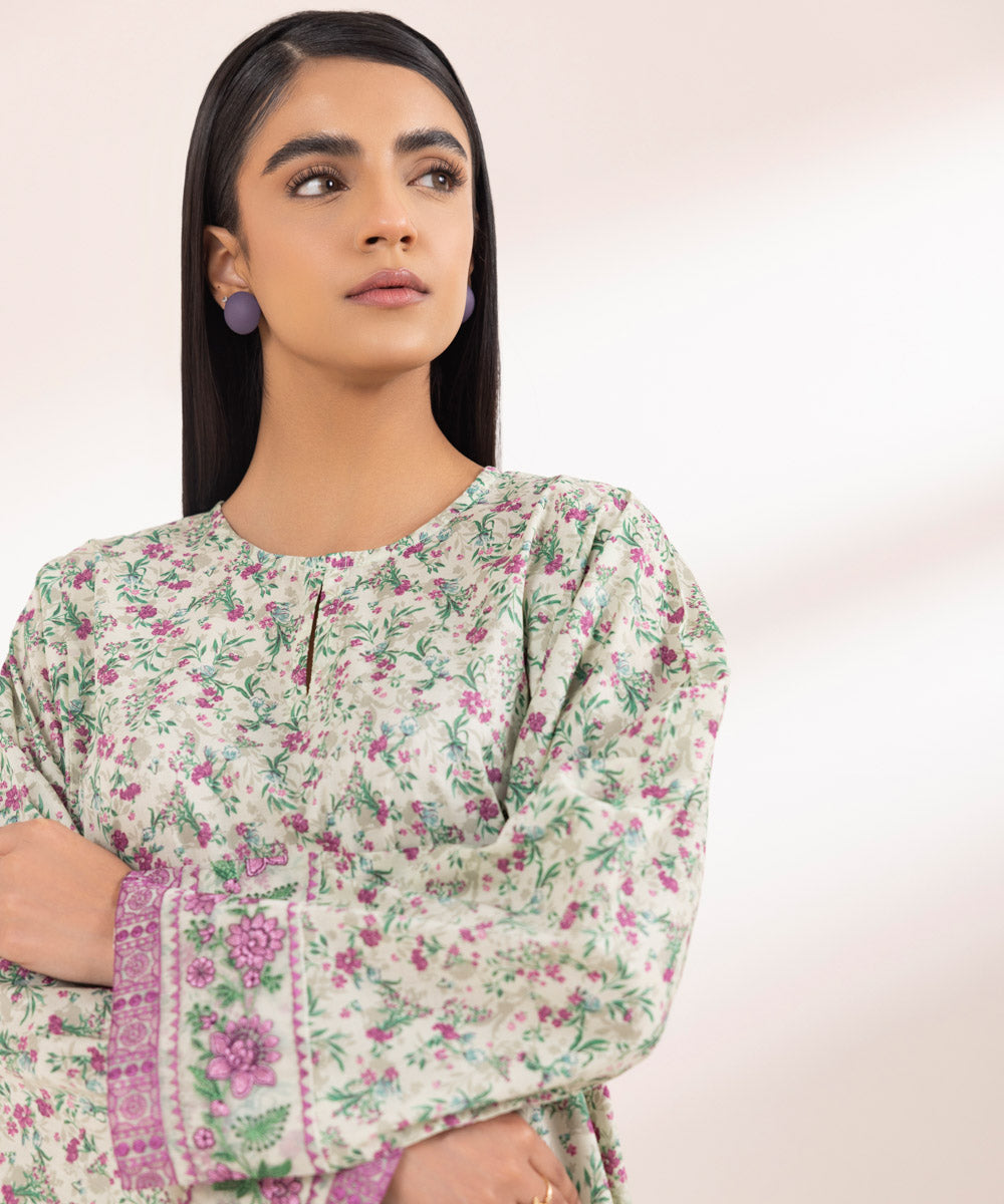 Women's Pret Lawn Printed Embroidered Green A-Line Shirt