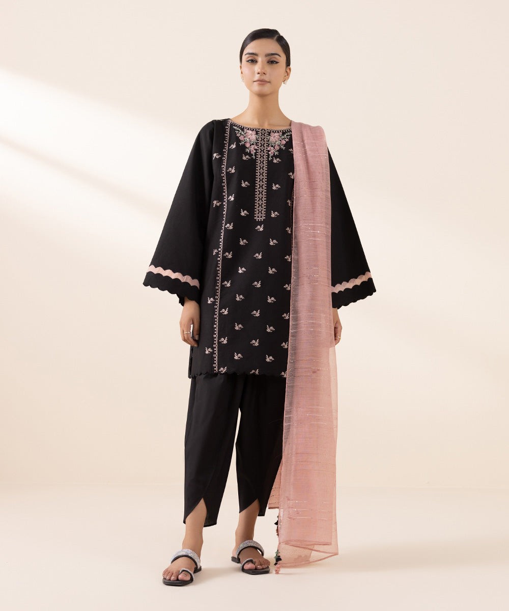 Women's Unstitched Lawn Black Embroidered 3 Piece Suit