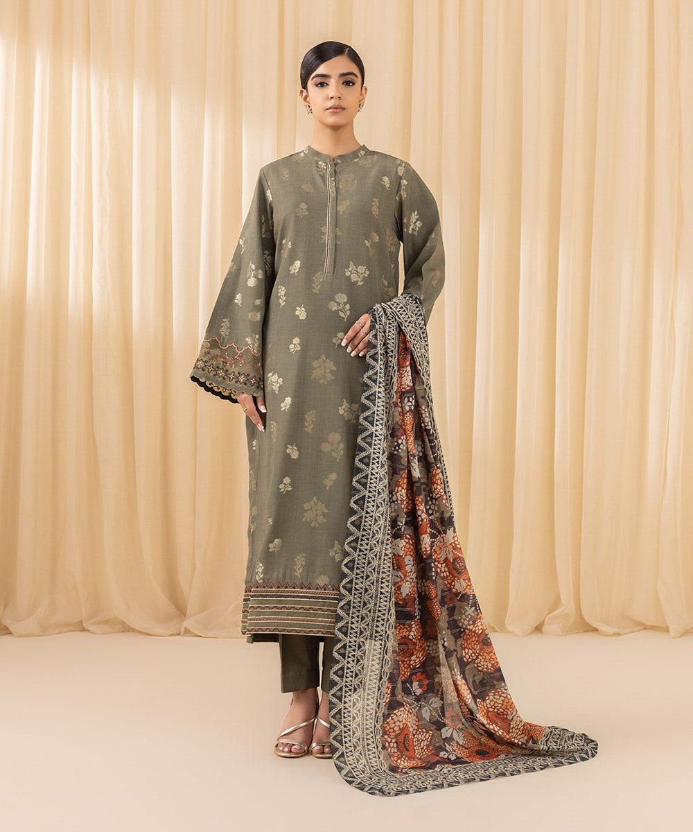 Women's Unstitched Embroidered Arabic Extra Weft Grey 3 Piece Suit