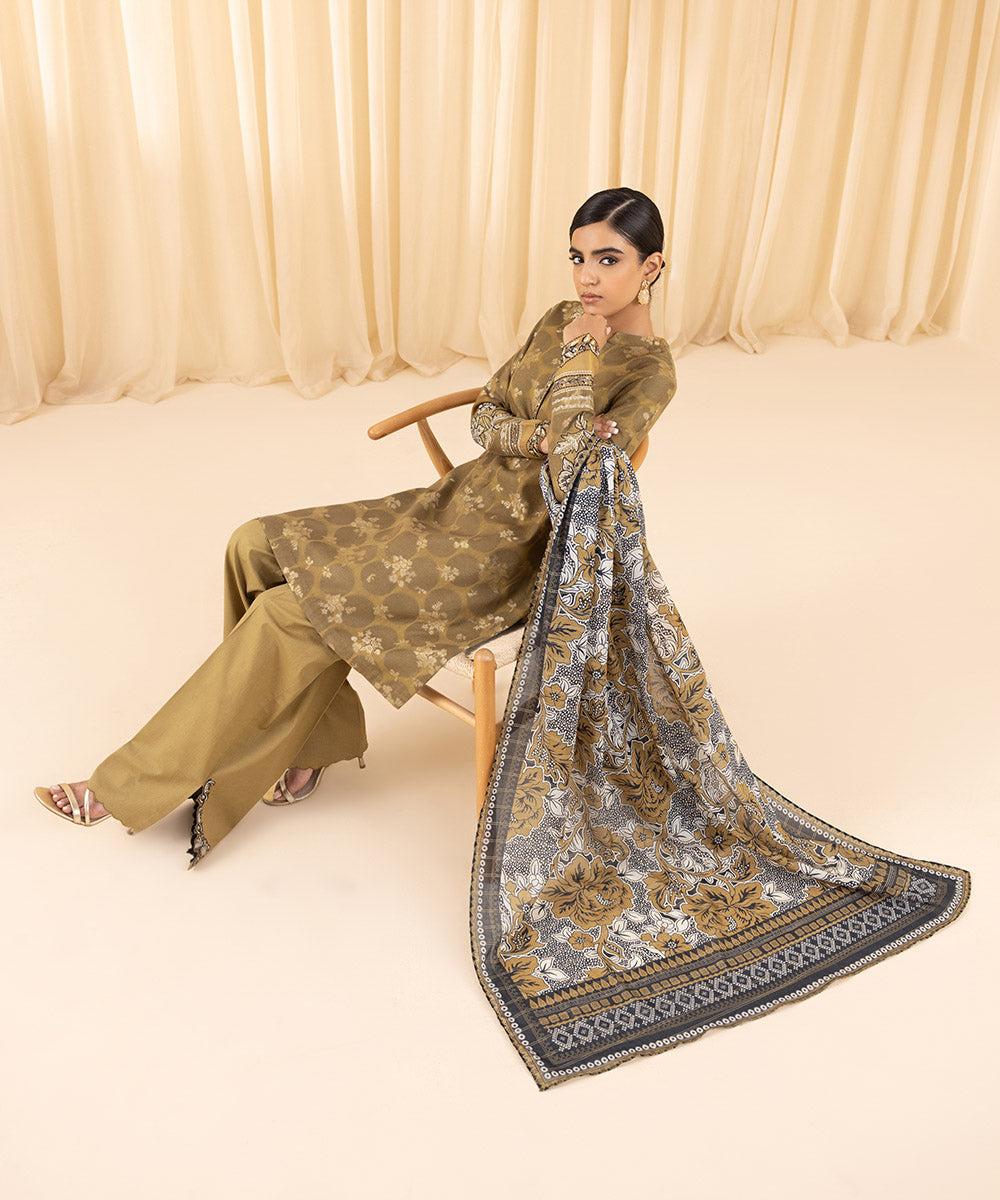 Women's Unstitched Embroidered Arabic Extra Weft Brown 3 Piece Suit