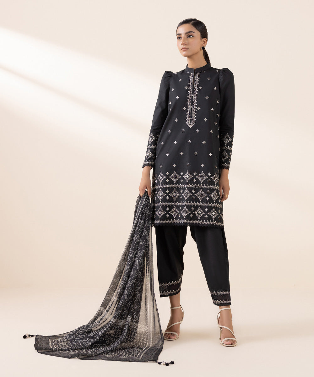 Women's Unstitched Cambric Black Embroidered 2 Piece Suit