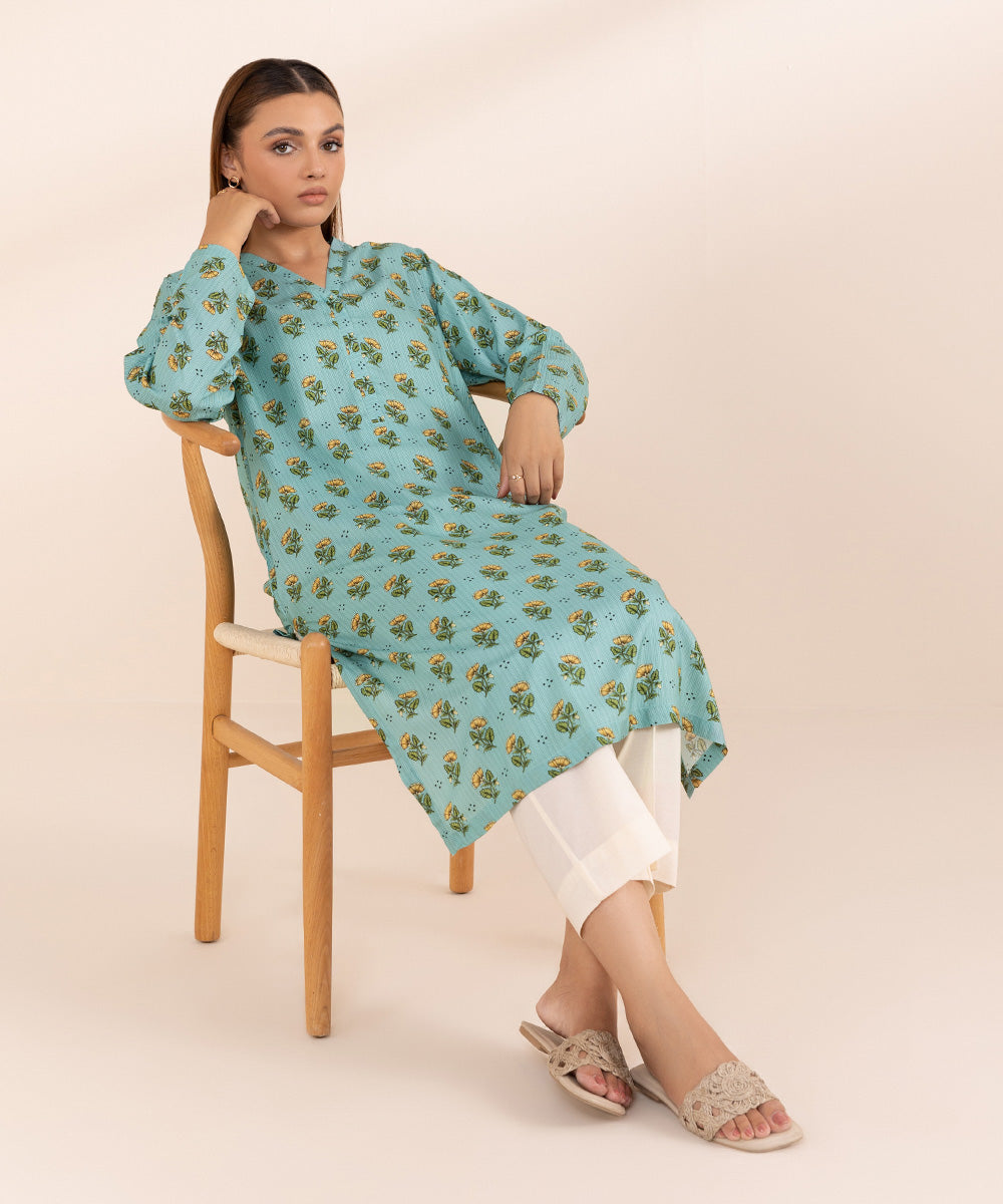 Women's Pret Arabic Lawn Blue Printed A-Line Shirt