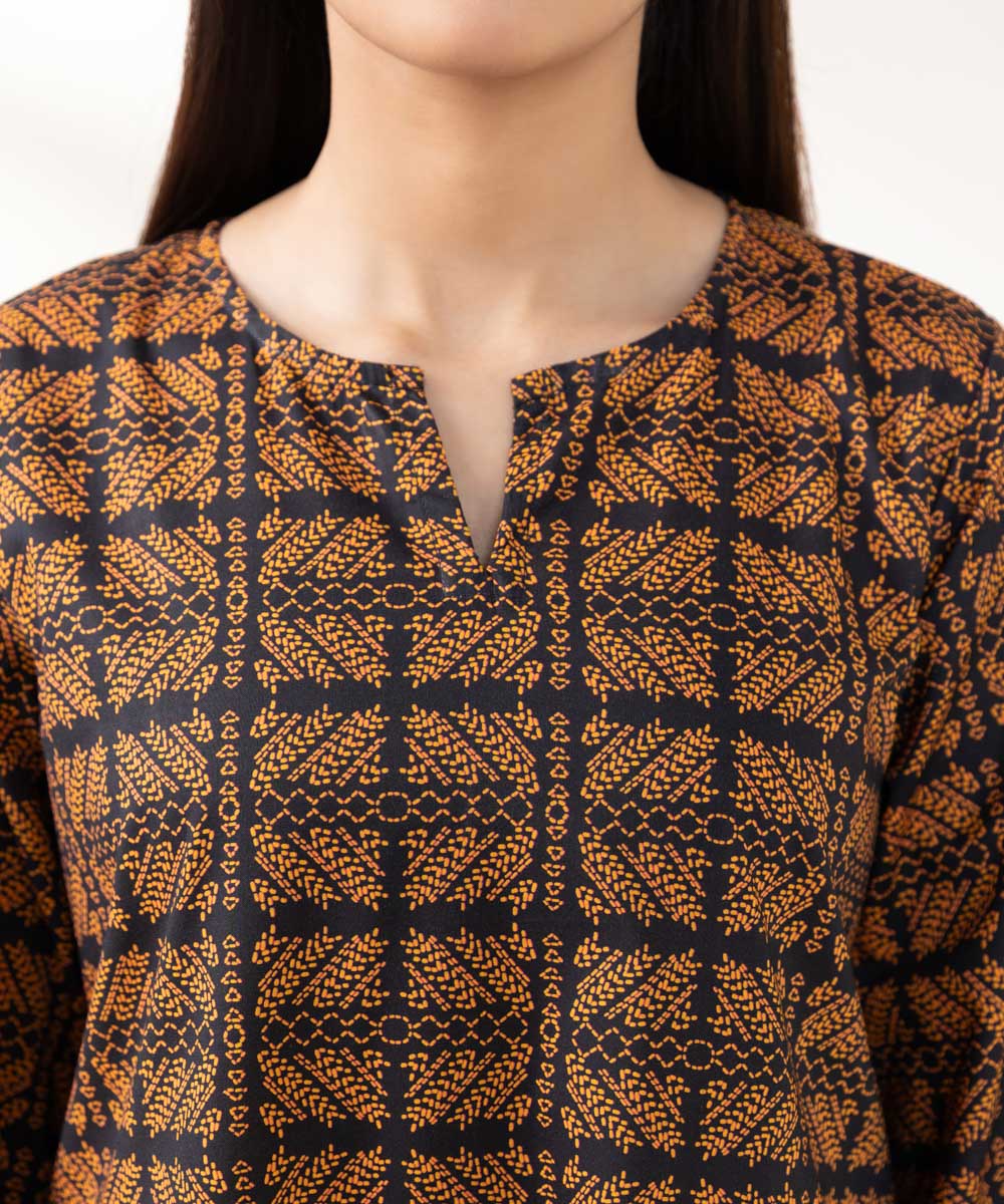 Women's Pret Cotton Viscose Printed Brown A-Line Shirt