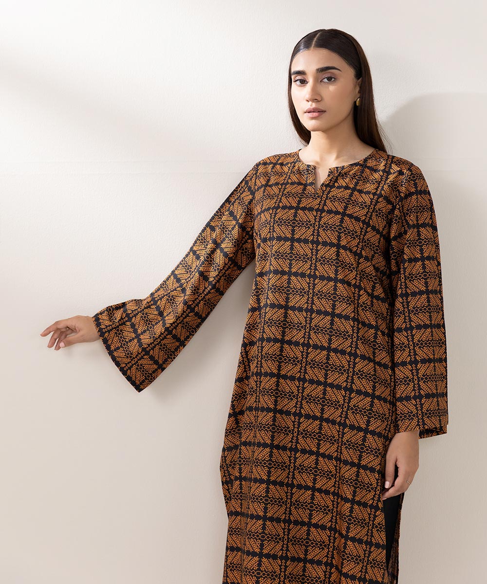 Women's Pret Cotton Viscose Printed Brown A-Line Shirt