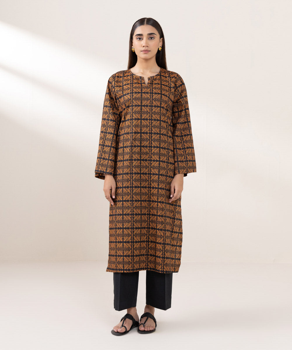 Women's Pret Cotton Viscose Printed Brown A-Line Shirt