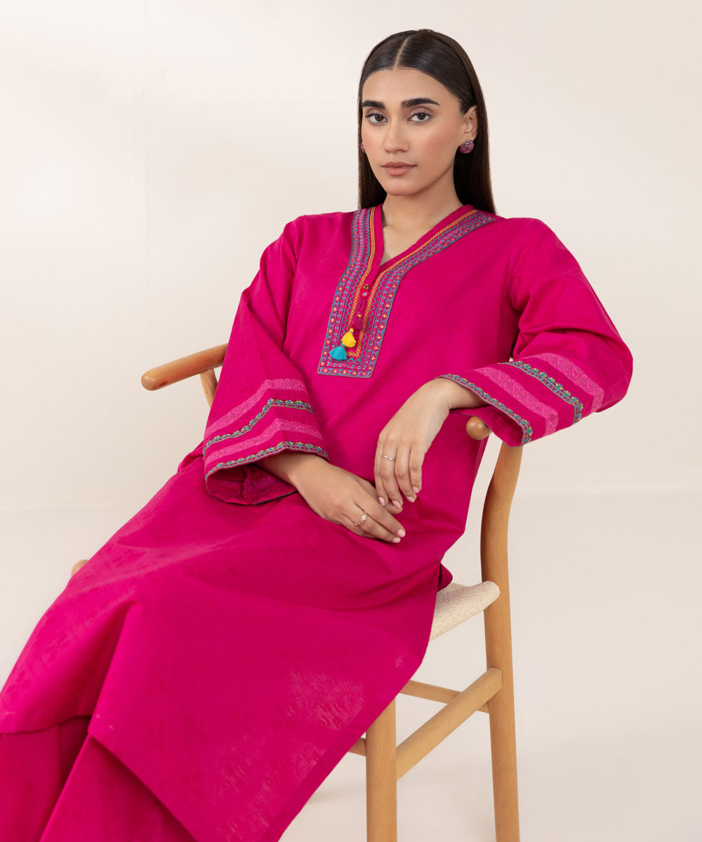 Women's Pret Cotton Jacquard Embroidered Pink A-Line Shirt