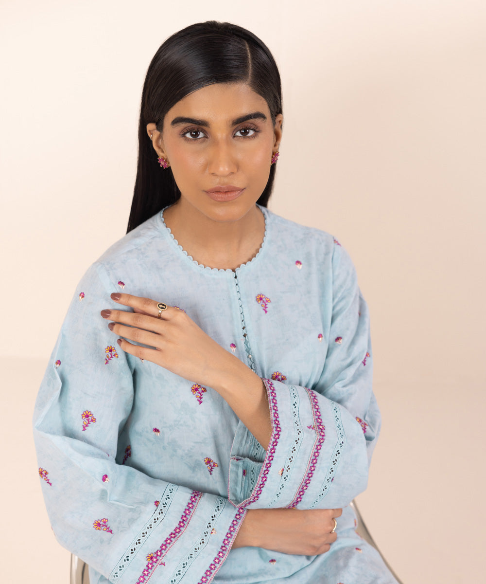 Women's Pret Cotton Jacquard Embroidered Blue A-Line Shirt