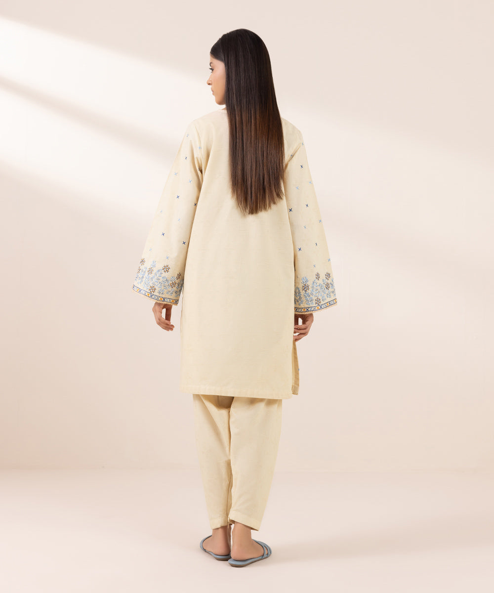 Women's Pret Cotton Jacquard Embroidered Beige Boxy Shirt