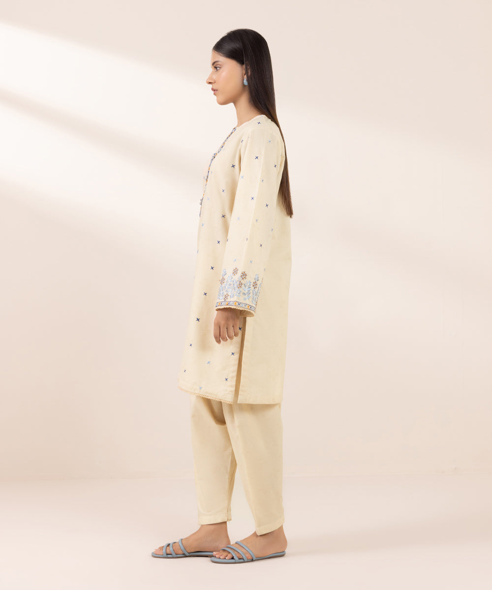 Women's Pret Cotton Jacquard Embroidered Beige Boxy Shirt