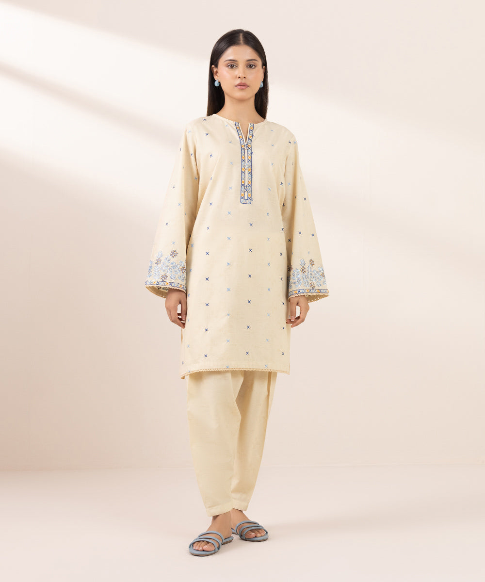 Women's Pret Cotton Jacquard Embroidered Beige Boxy Shirt