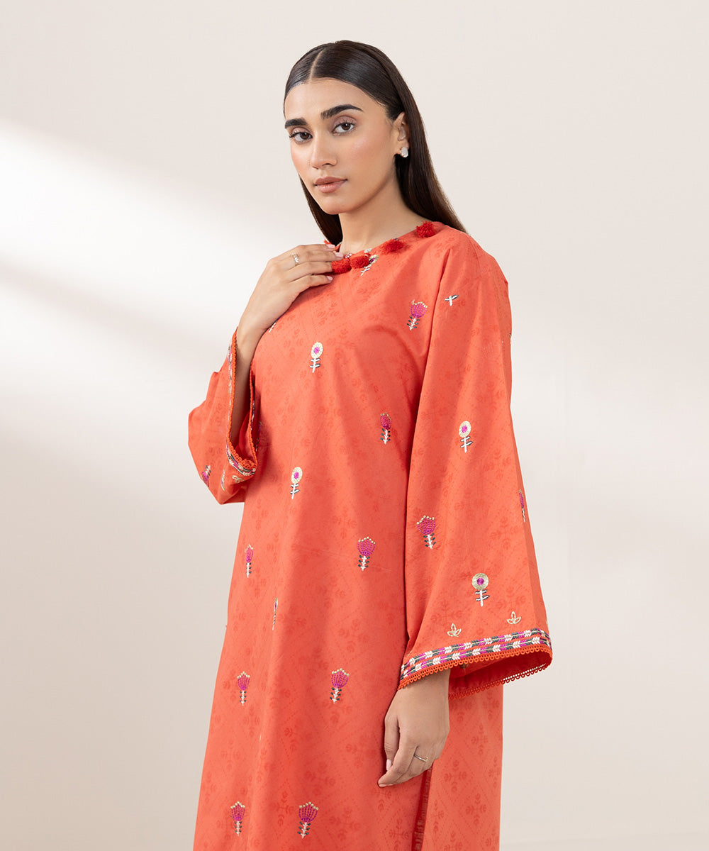 Women's Pret Cotton Jacquard Embroidered Orange A-Line Shirt