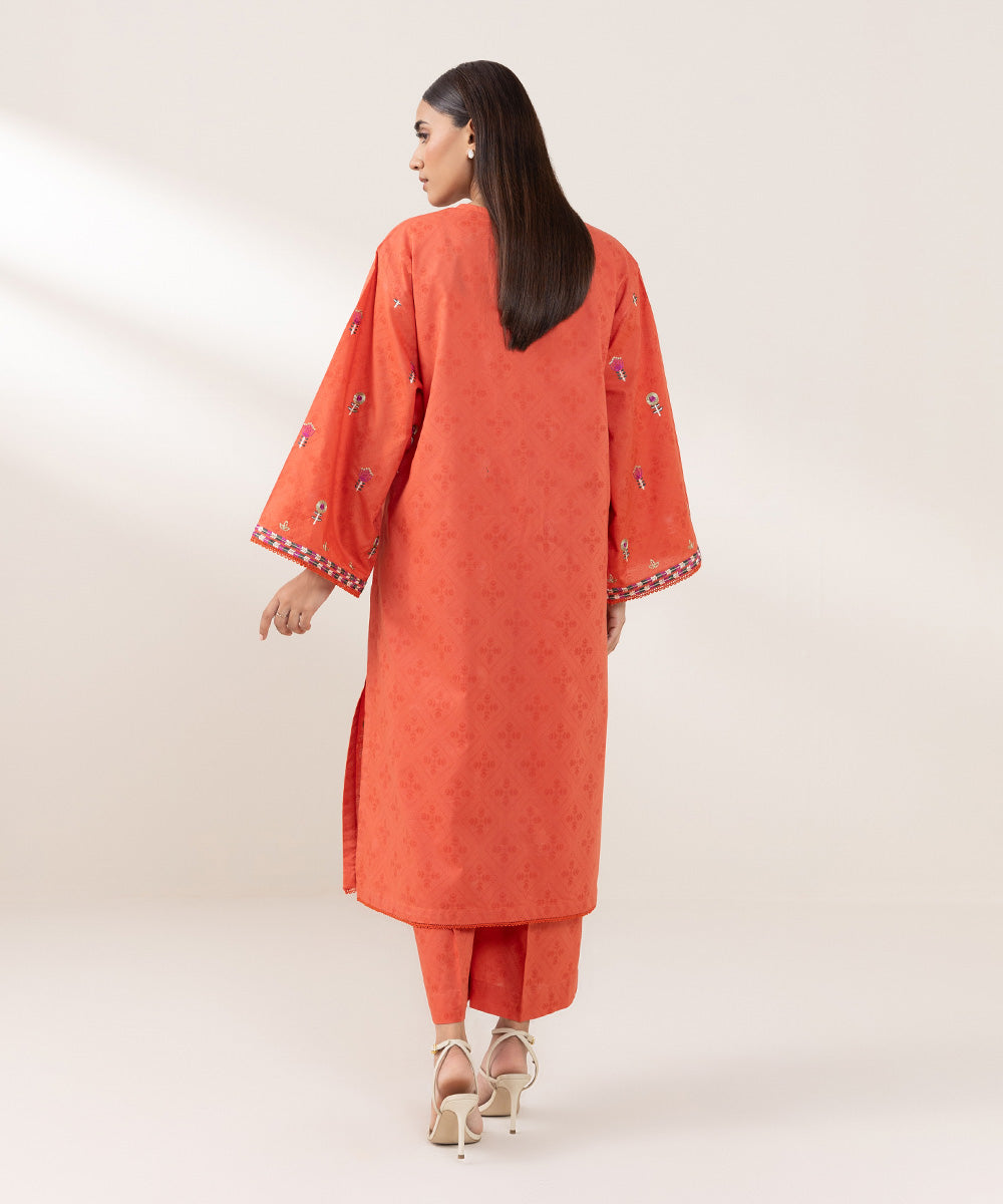 Women's Pret Cotton Jacquard Embroidered Orange A-Line Shirt