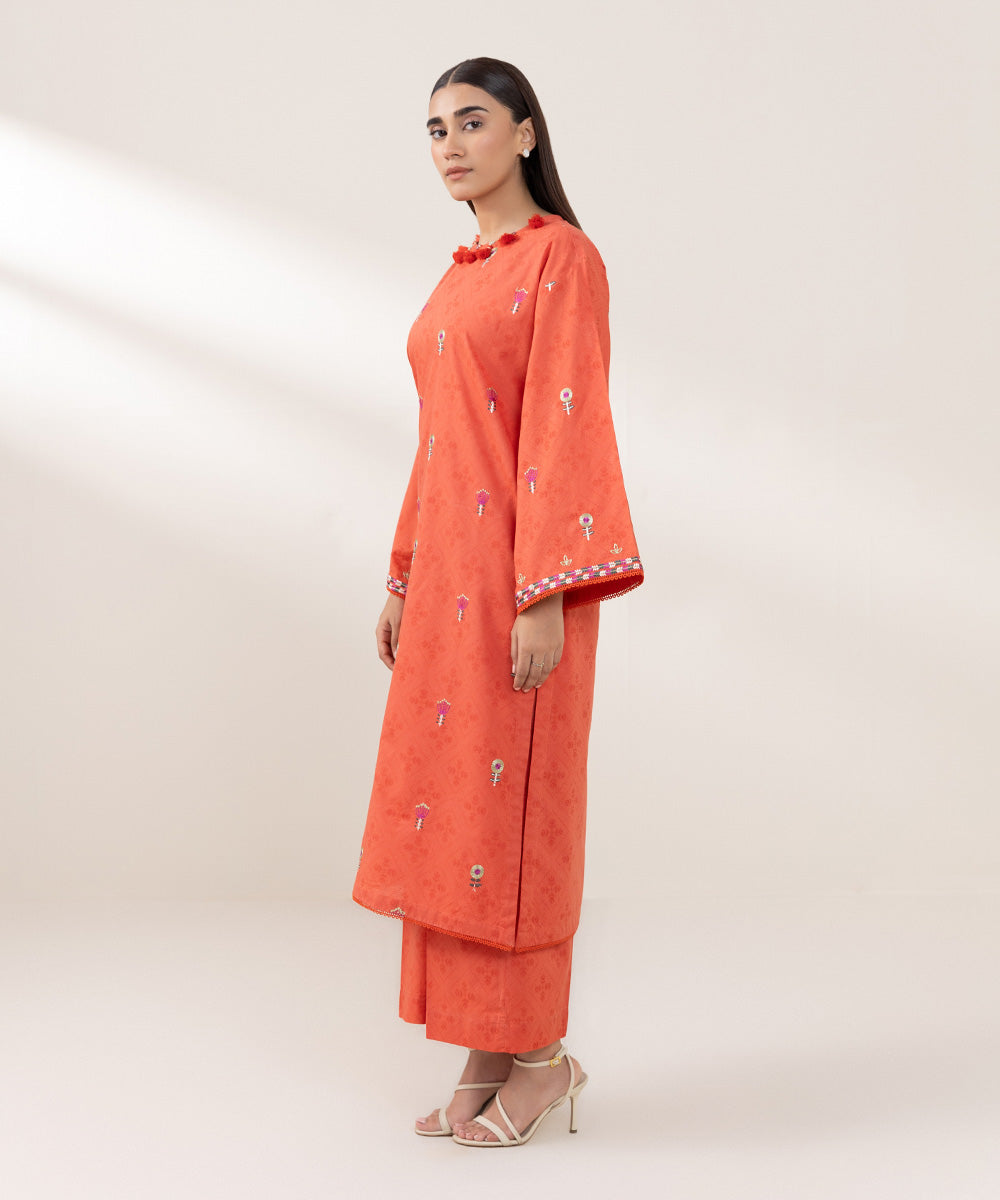 Women's Pret Cotton Jacquard Embroidered Orange A-Line Shirt