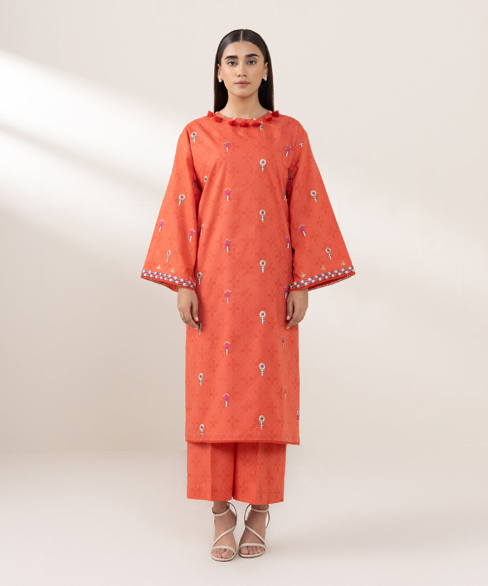 Women's Pret Cotton Jacquard Embroidered Orange A-Line Shirt