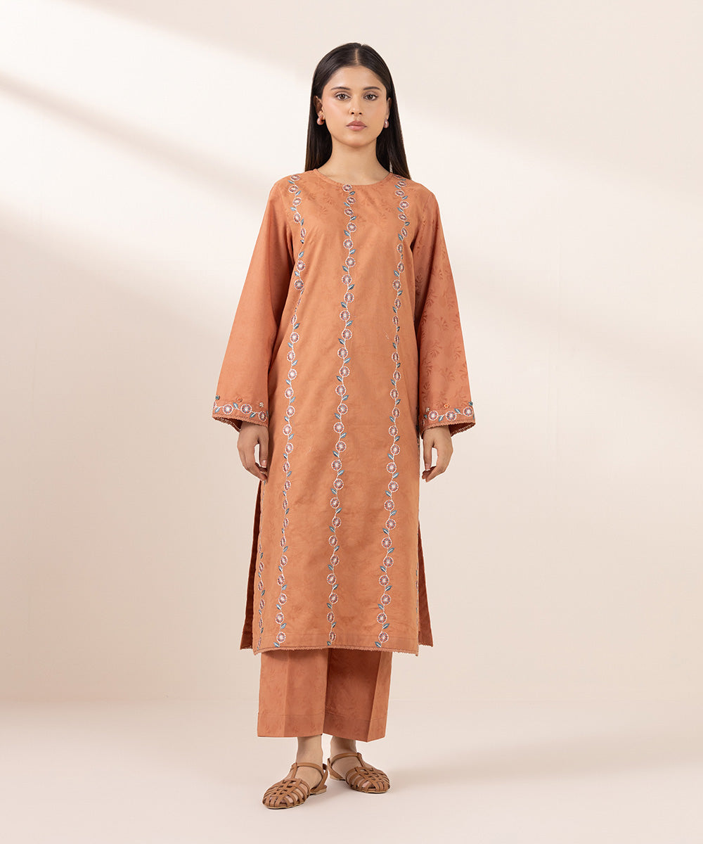 Women's Pret Cotton Jacquard Embroidered Orange A-Line Shirt