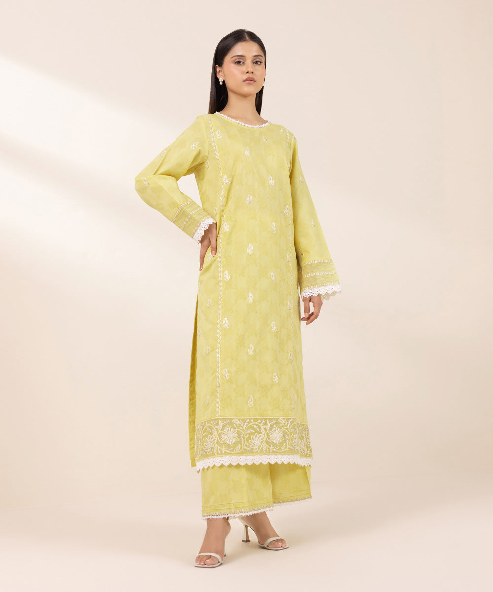 Women's Pret Cotton Jacquard Embroidered Yellow A-Line Shirt