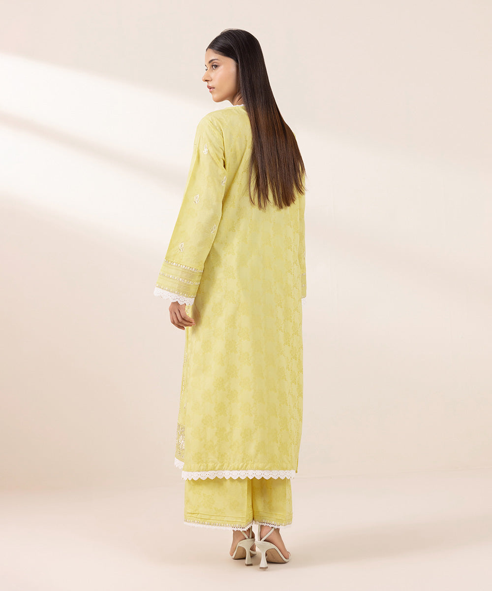 Women's Pret Cotton Jacquard Embroidered Yellow A-Line Shirt