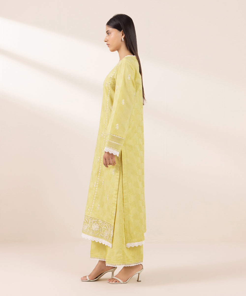 Women's Pret Cotton Jacquard Embroidered Yellow A-Line Shirt