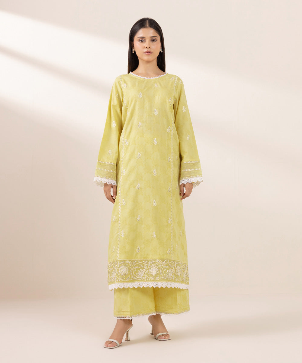 Women's Pret Cotton Jacquard Embroidered Yellow A-Line Shirt