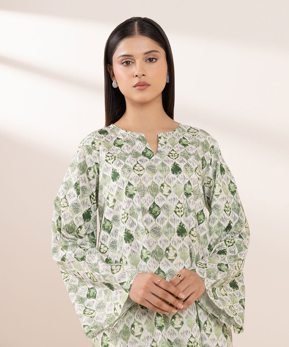 Women's Pret Cotton Viscose Printed Green Straight Shirt